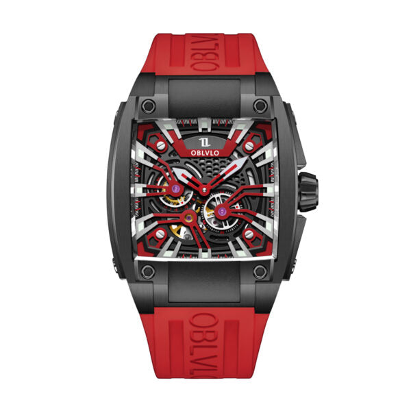 OBLVLO GM‑BBRR Square Skeleton Mechanical Men's Watch, Rubber Wrist Band, Trendy Sport‑Luxury Men’s Timepiece