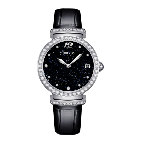 OBLVLO BW-YLBL Ladies Quartz Watch, Diamond Inlaid Dial, Luxury Dress Wristwatch