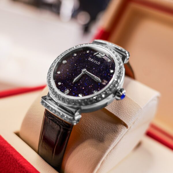 OBLVLO BW-YLBL Ladies Quartz Watch, Diamond Inlaid Dial, Luxury Dress Wristwatch