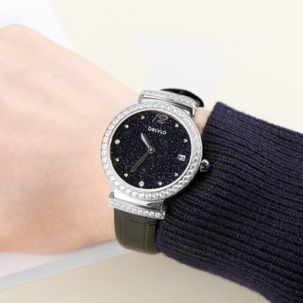 OBLVLO BW-YLBL Ladies Quartz Watch, Diamond Inlaid Dial, Luxury Dress Wristwatch