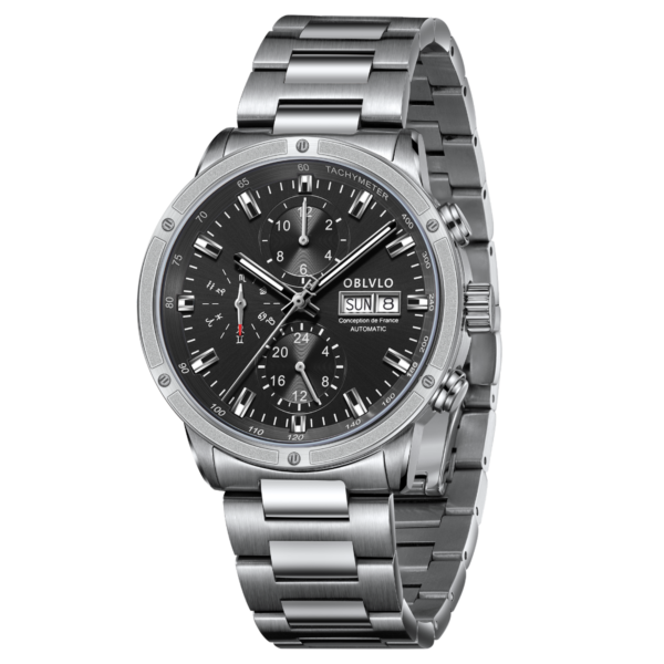 OBLVLO CM2-YBY Men's Dress Automatic Mechanical Watch, Sapphire Crystal, Stainless Steel Bracelet, Year/Month/Week Calendar with 24-Hour Display