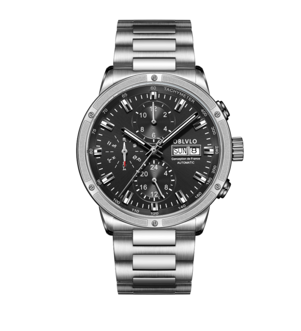 OBLVLO CM2-YBY Men's Dress Automatic Mechanical Watch, Sapphire Crystal, Stainless Steel Bracelet, Year/Month/Week Calendar with 24-Hour Display